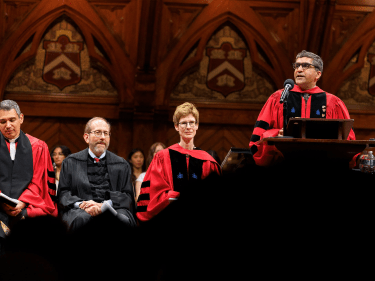 Dean of Harvard College Rakesh Khurana at a podium