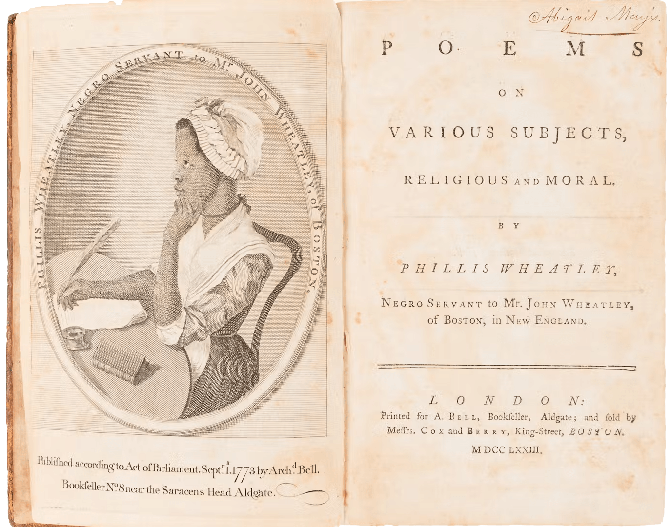 A historic book of poetry with an illustration of the young Black woman author.
