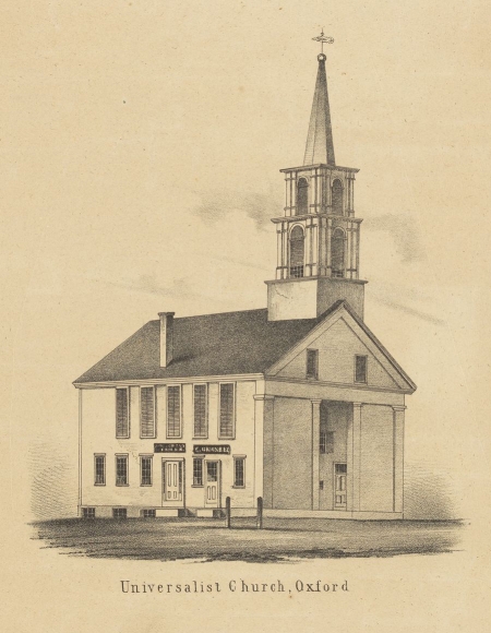A drawing of a church with a steeple built in 1792.