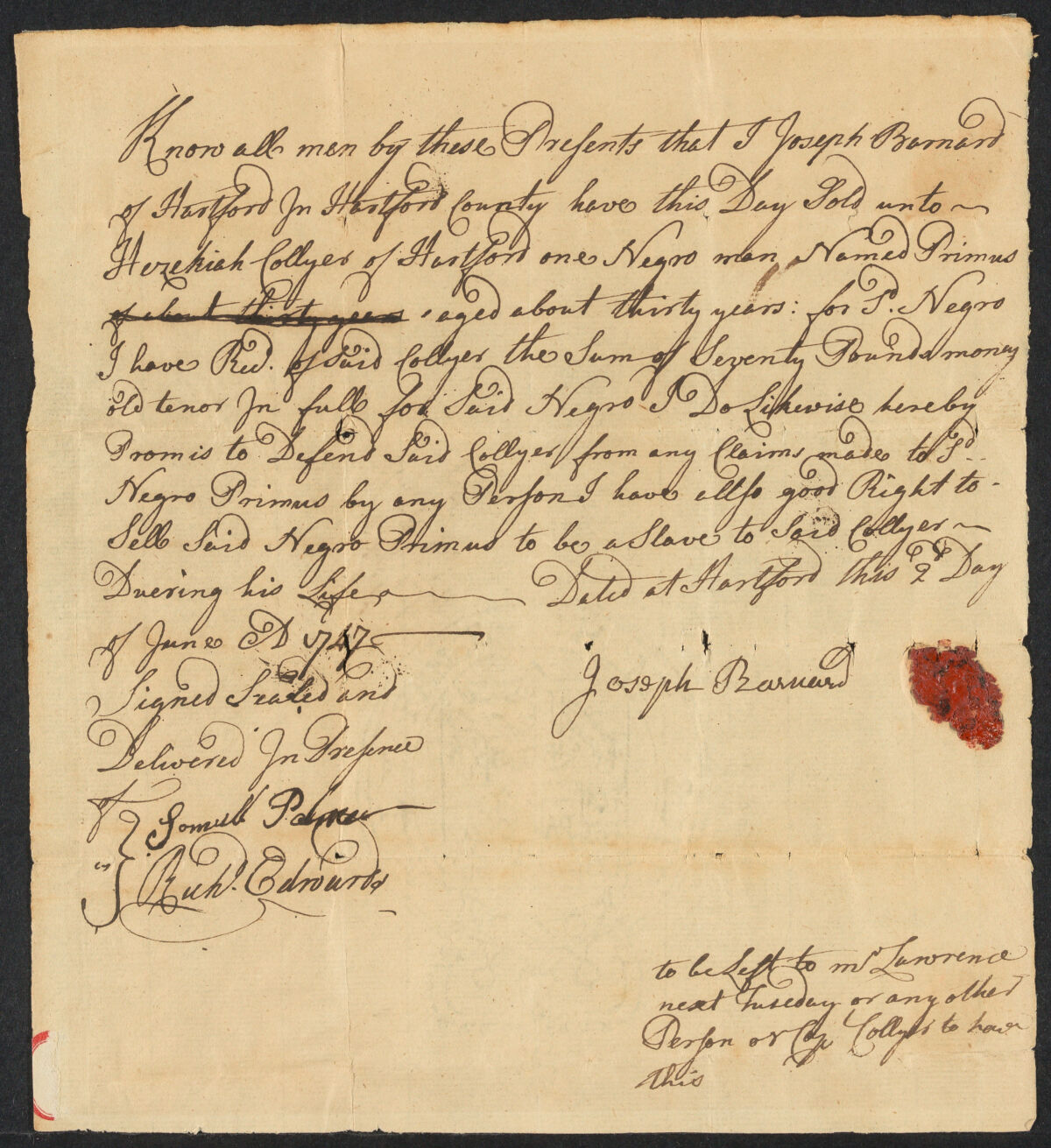 A 1747 bill of sale for an enslaved person.