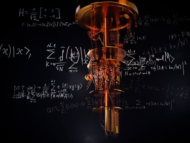 A quantum computer with equations written behind it