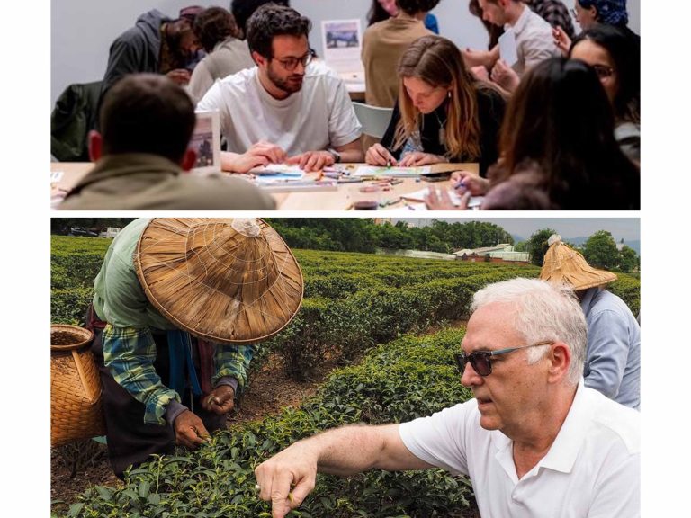 A collage two photos. Top photo is of people doing an activity around a table and bottom photo is of two people crouched looking at tea leaves