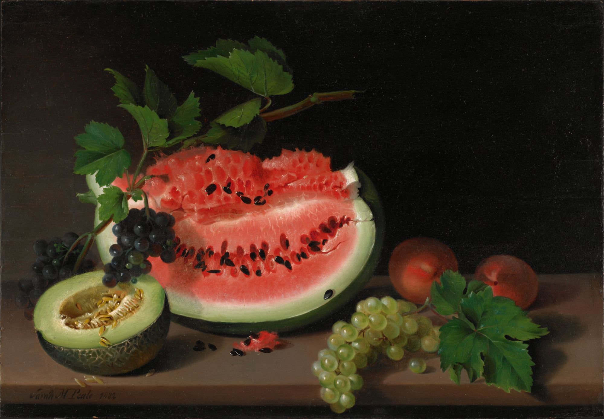 The painting "Still life with Watermelon" by Sarah Miriam Peale