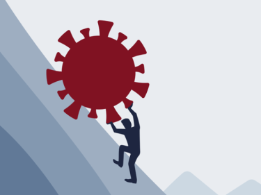 A cartoon of a person pushing a COVID virus up a hill