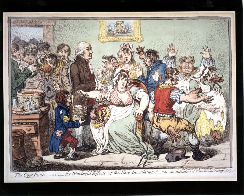 A 1802 engraving of people receiving the coxpox vaccine, showing those vaccinated as having horns and other cow parts.