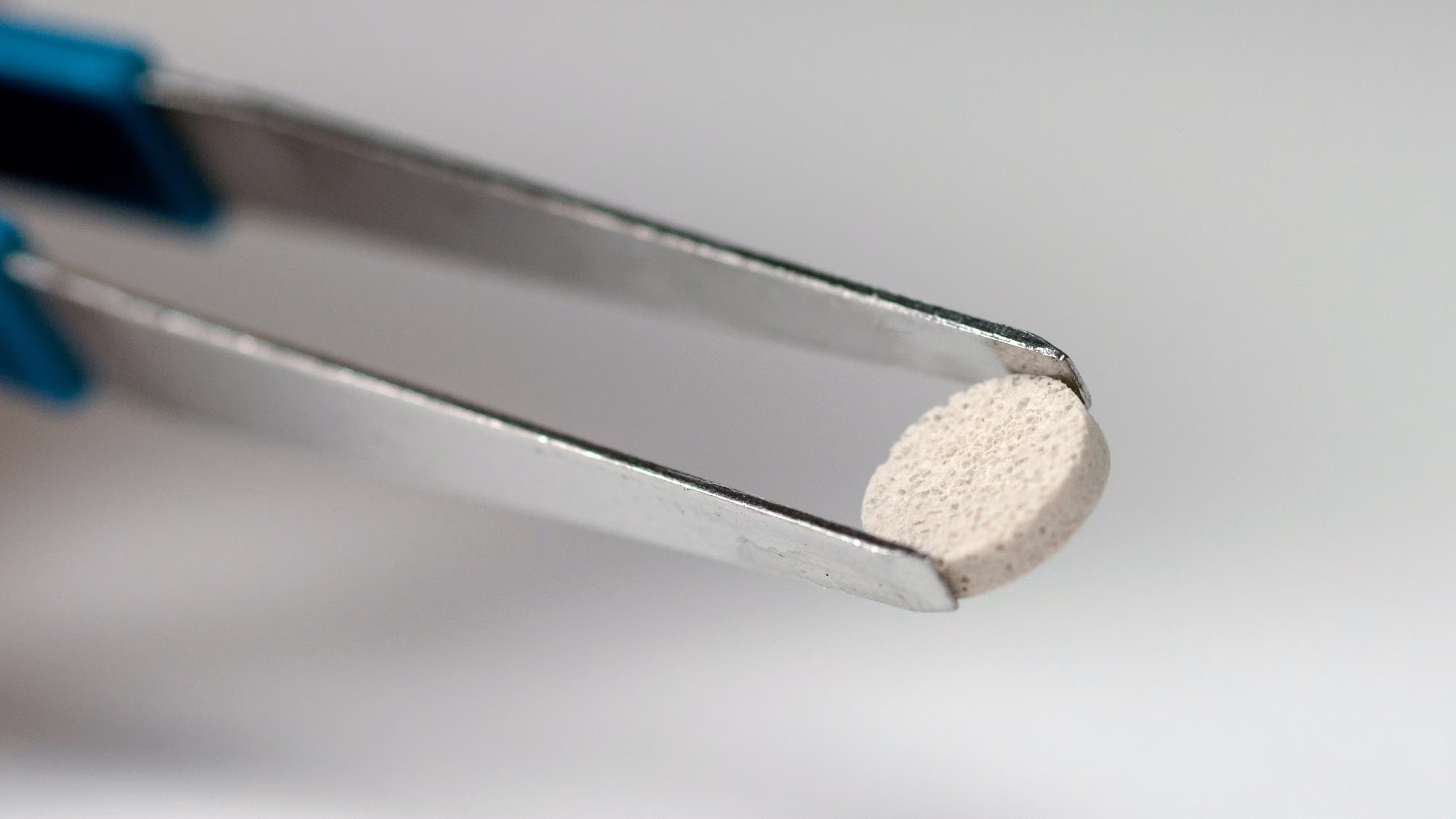 Tweezers holding a small tablet