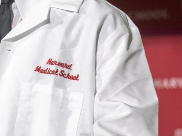Closeup of a Harvard Medical School doctor's coat