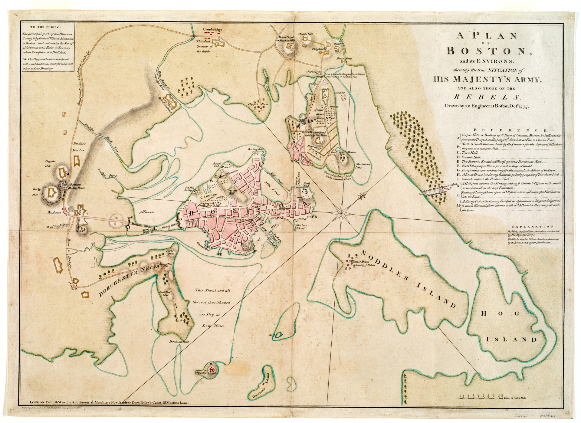A hand-colored map showing the British and American positions in October 1775.