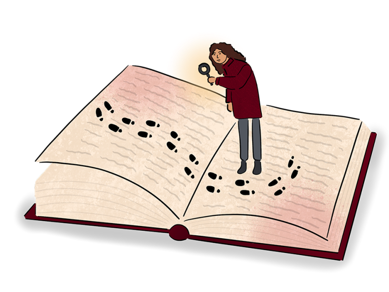 An illustration of a person with a magnifying glass looking at footsteps in an open book.