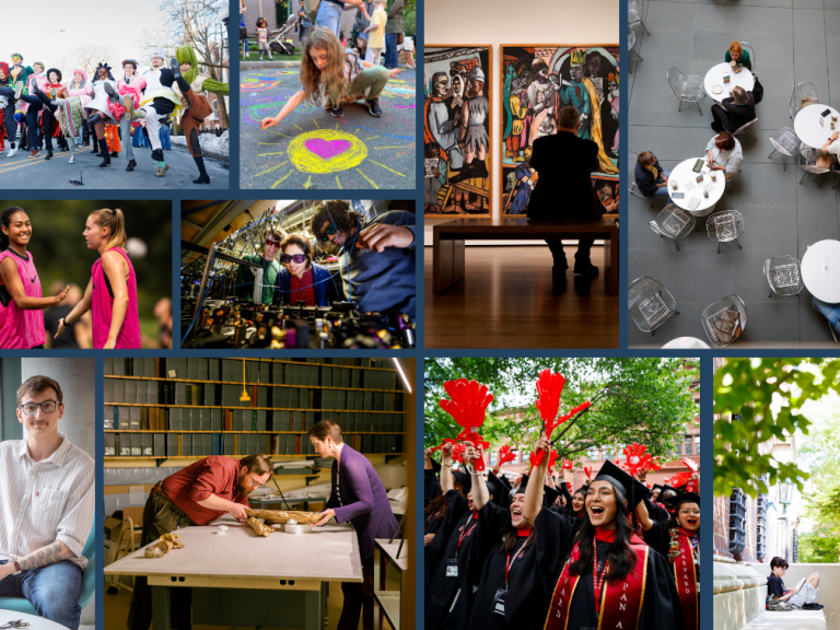 A collage of various photos of things happening on the Harvard campus, including museums, commencement, and research.